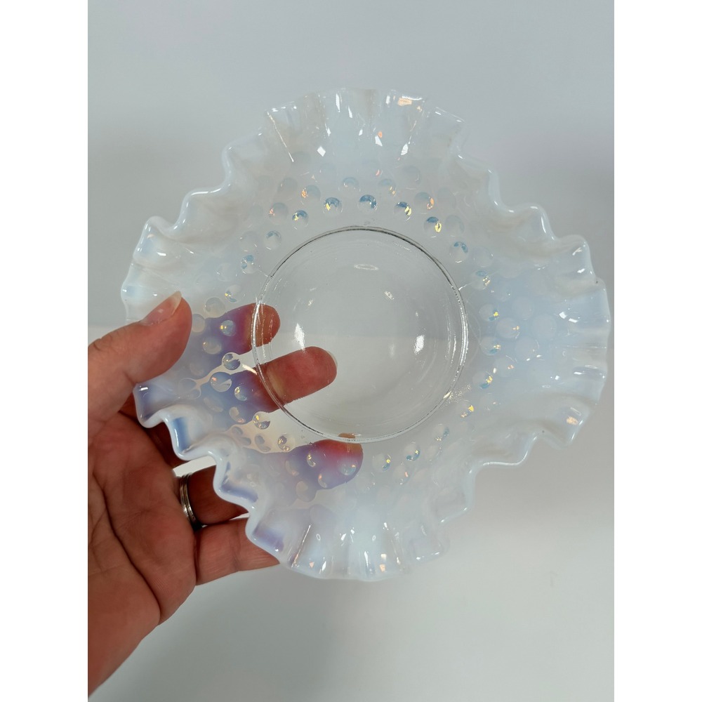 Vintage‎ Hobnail Opalescent Glass Candy Dish Ruffled Edge Trinket Bowl